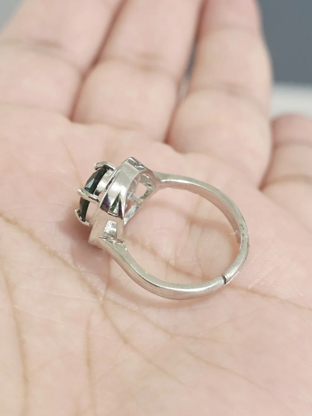White Gold Plated Ring with Emerald Green Center Stone